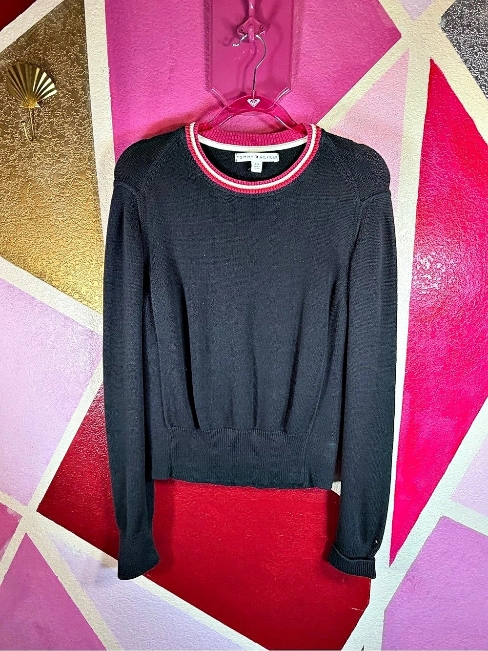 Tommy Hilfiger Black Knit Sweater Pink Tipped Crew Neck Made in Japan L